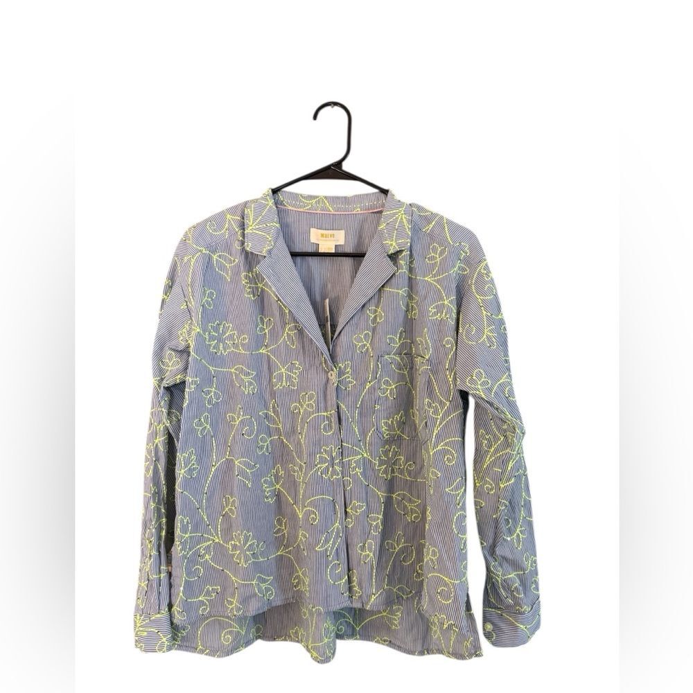 Maeve Blue Stripe Button-Front Blouse with Floral Embroidery 4 NWT